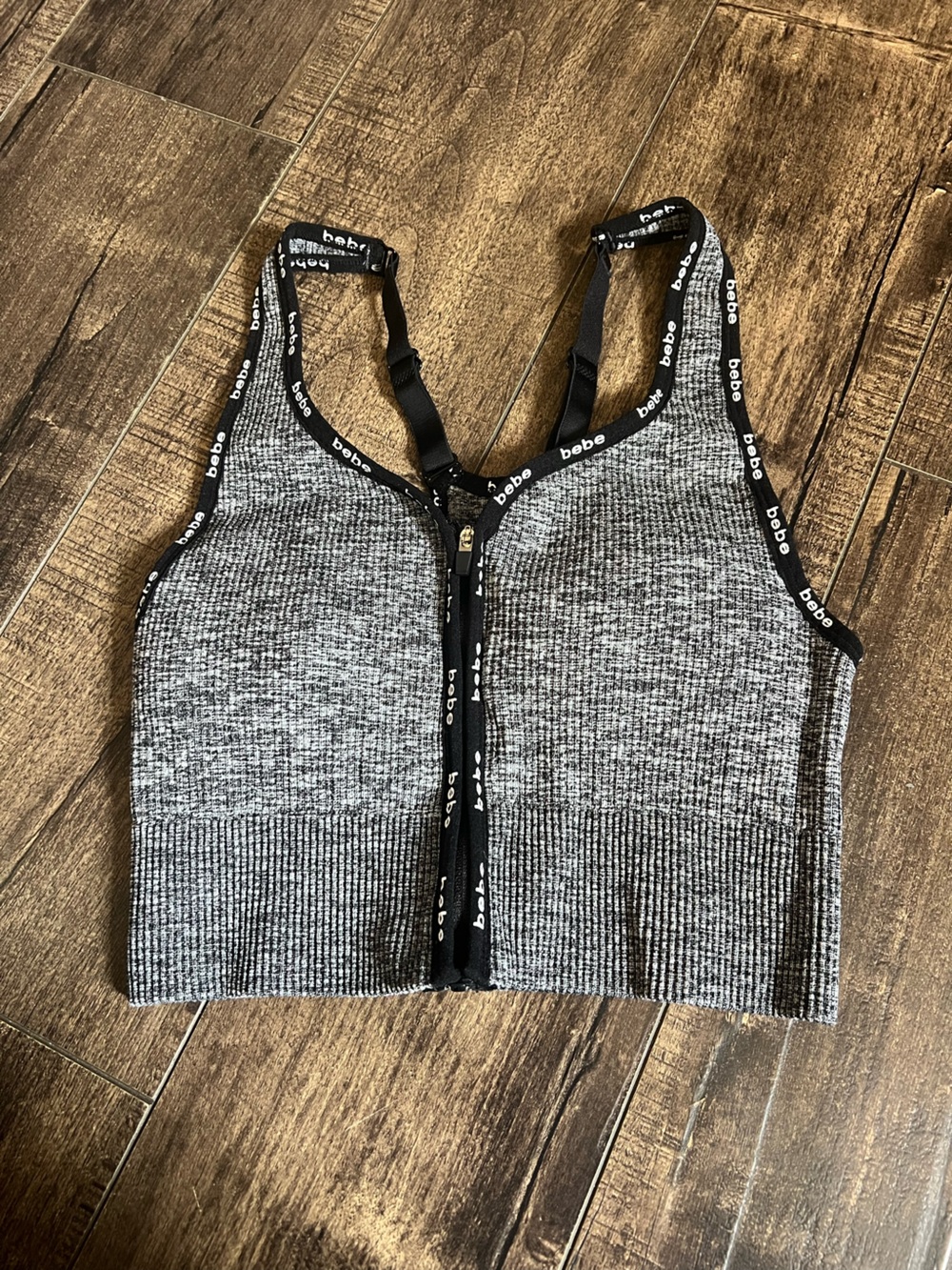 bebe Grey Ribbed Zip-Front One-Piece with Black Branded Trim